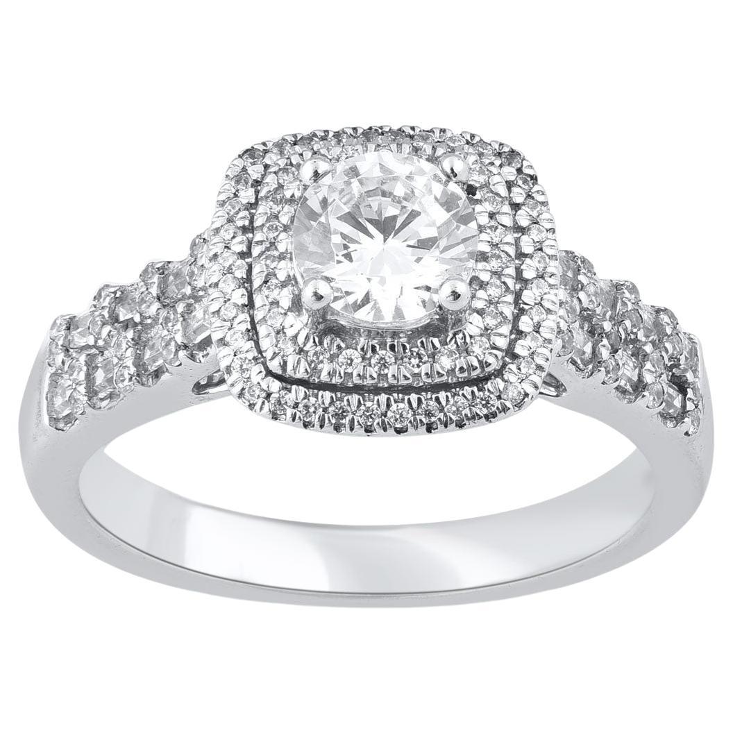 TJD 1.0 Carat Round & Baguette Diamond 14 Karat White Gold Anniversary Ring