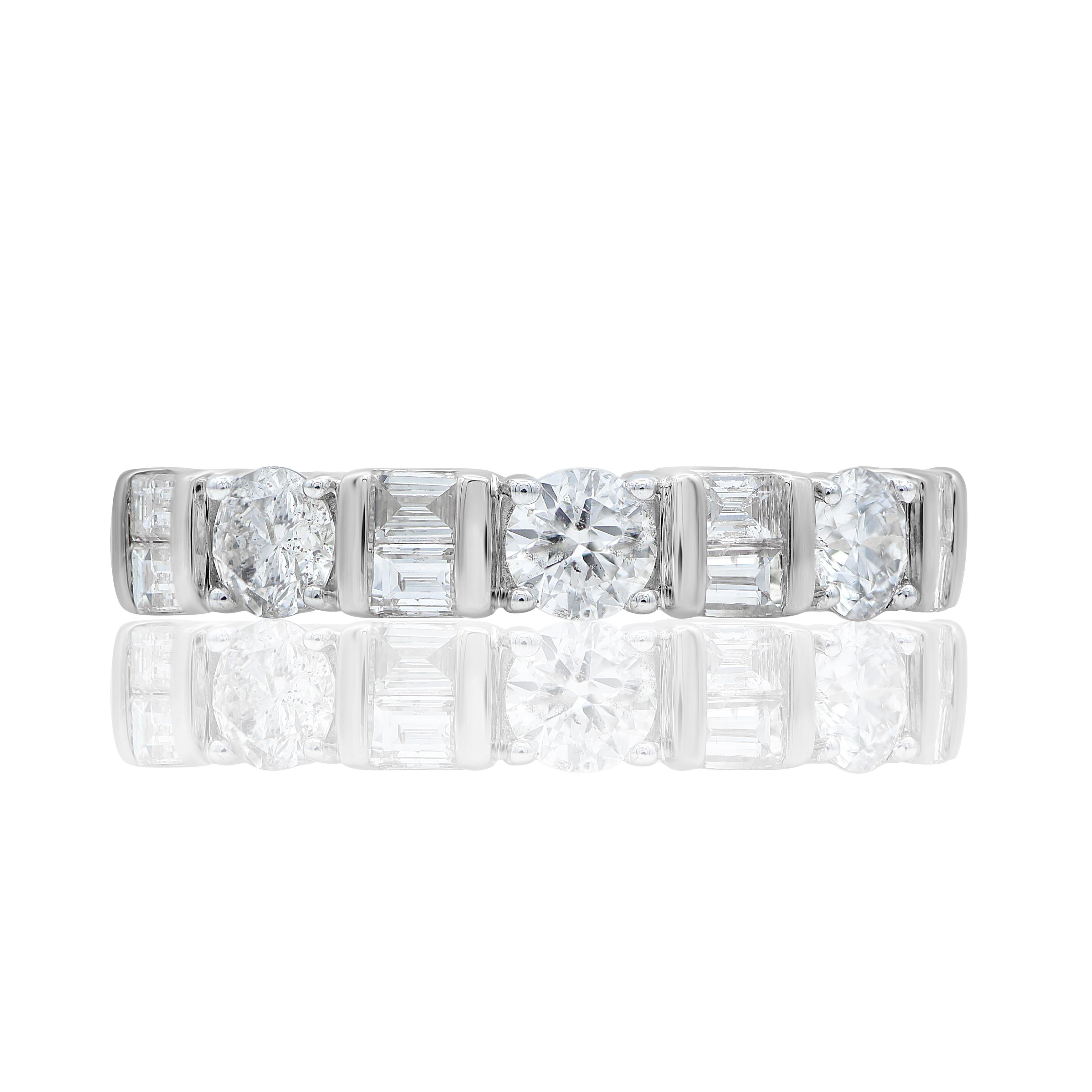 Say your wows with this shimmering white diamond engagement wedding band. The ring is crafted from 14-karat white gold and features Round Brilliant 3 and Baguette - 8 white diamonds, Prong & Channel set, H-I color I2 clarity and a high polish finish