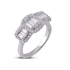 TJD 1.0 Carat Round & Baguette Diamond 14 Karat White Gold Halo Engagement Ring
