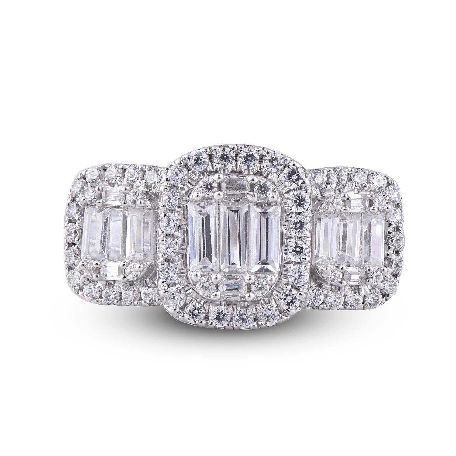 Art Deco TJD 1.0 Carat Round & Baguette Diamond 14 Karat White Gold Halo Engagement Ring For Sale