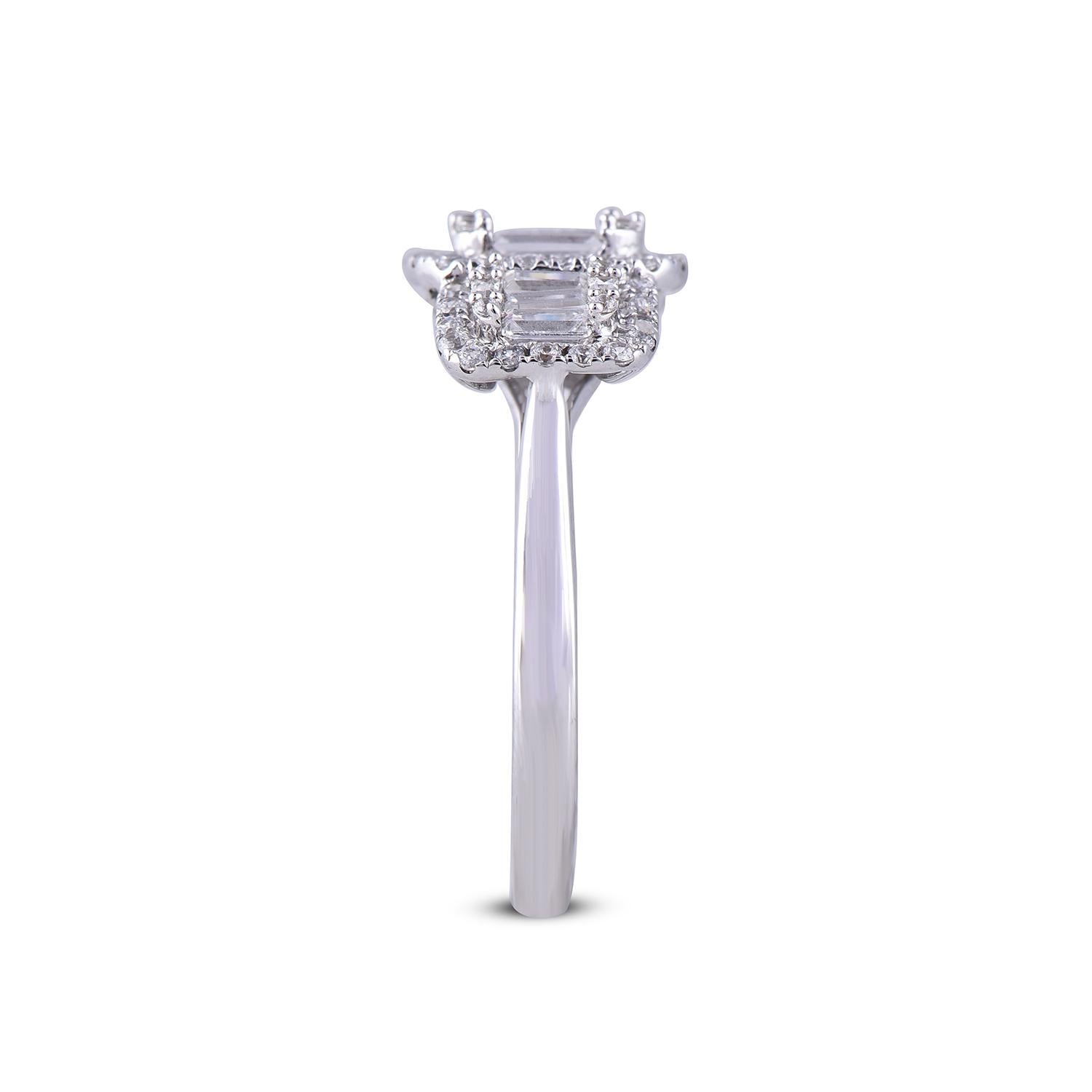 Baguette Cut TJD 1.0 Carat Round & Baguette Diamond 14 Karat White Gold Halo Engagement Ring For Sale
