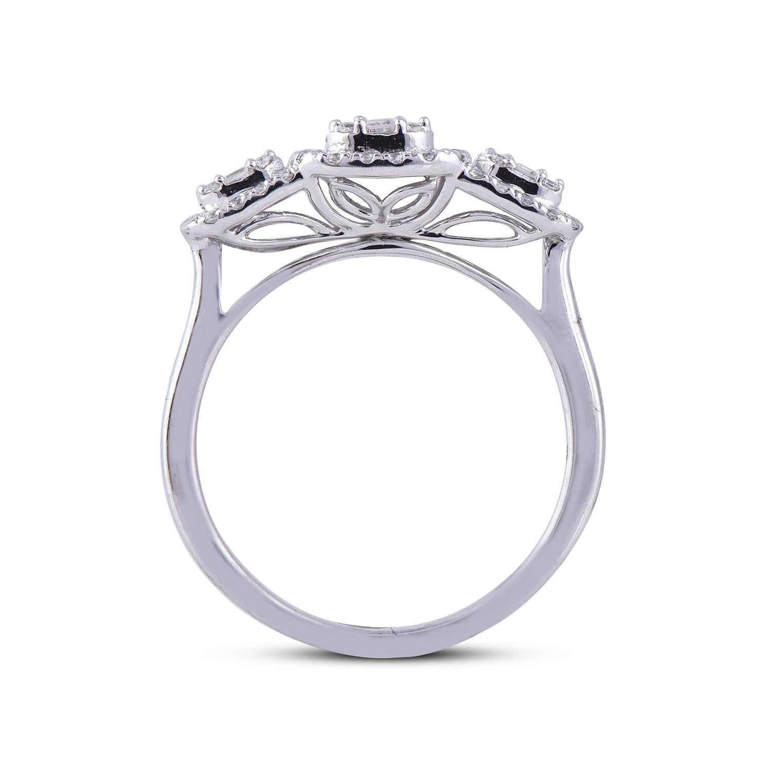 TJD 1.0 Carat Round & Baguette Diamond 14 Karat White Gold Halo Engagement Ring In New Condition For Sale In New York, NY