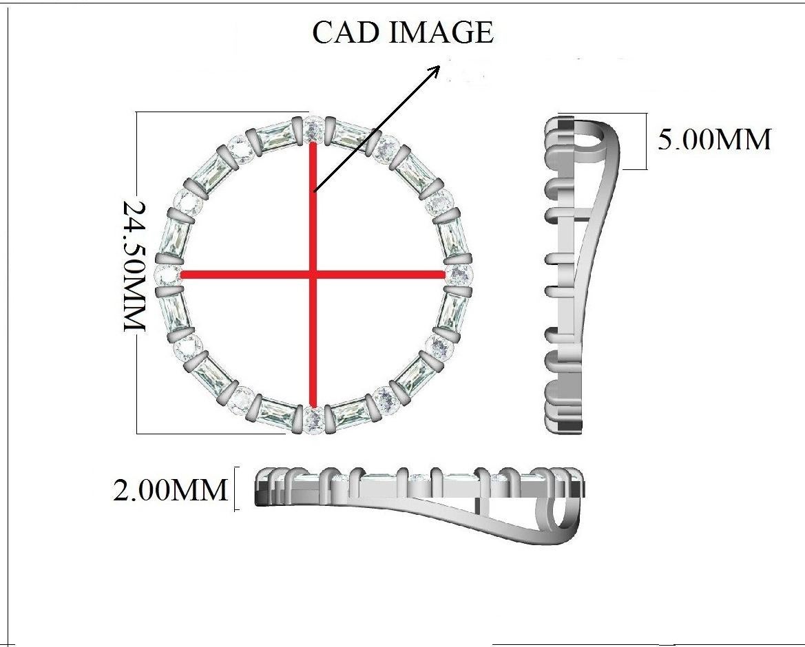 Porté seul, ce pendentif en diamant fait une impression saisissante. Le pendentif est réalisé en or blanc 14 carats et présente 12 diamants blancs ronds de taille brillante et 12 diamants blancs de taille baguette, sertis, de couleur H-I et de