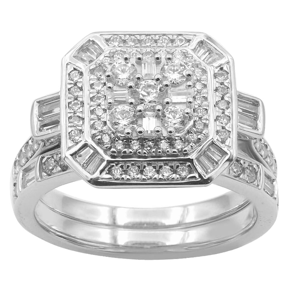 TJD 1,0 Karat runder & Baguette-Diamant 14K Weißgold Quadratisches Braut-Set aus Weißgold