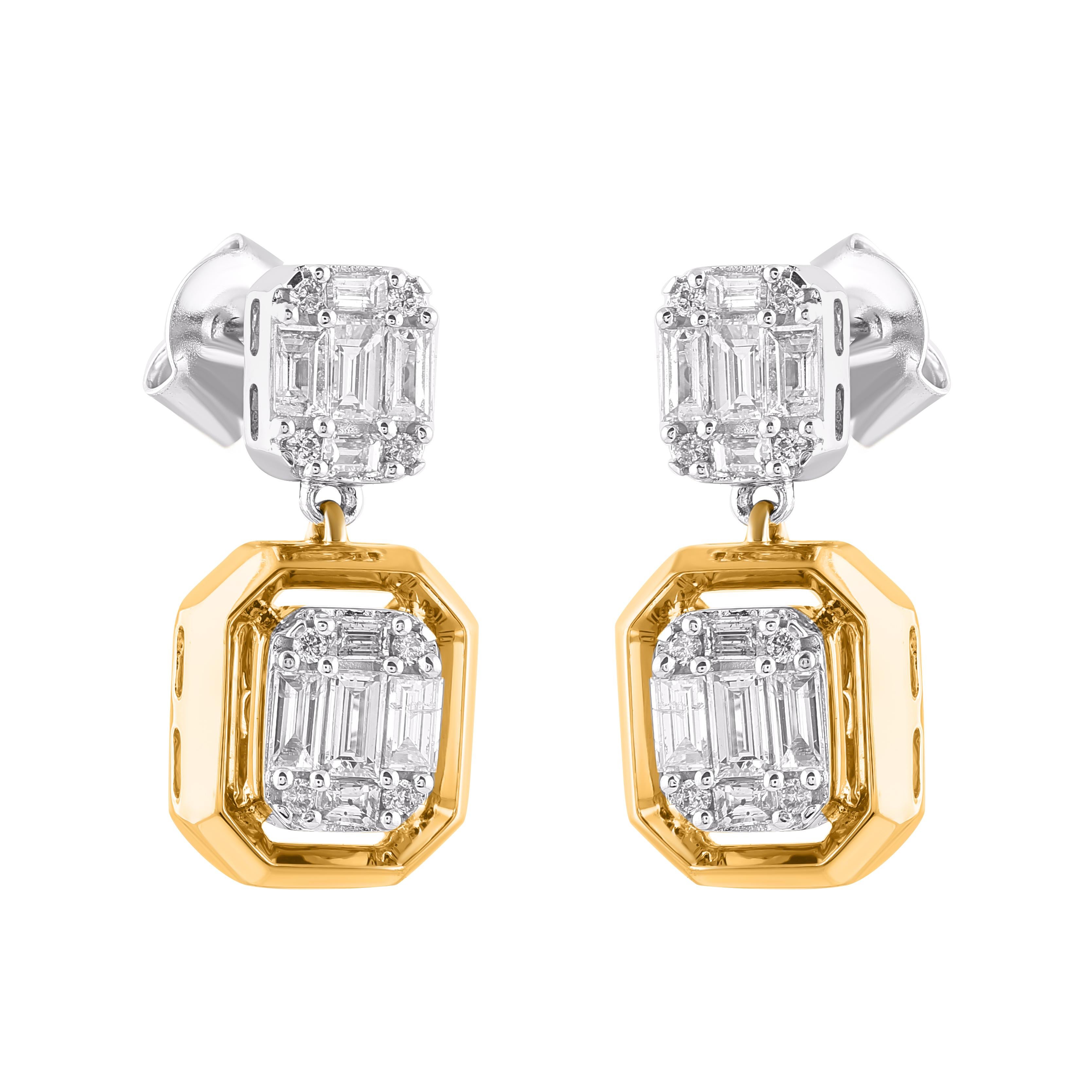 She'll adore the simplicity of these diamond earrings. The earring is crafted from 14-karat two tone gold in your choice of white, rose, or yellow, and features 36 round single cut and baguette cut natural white diamonds set in prong setting. The