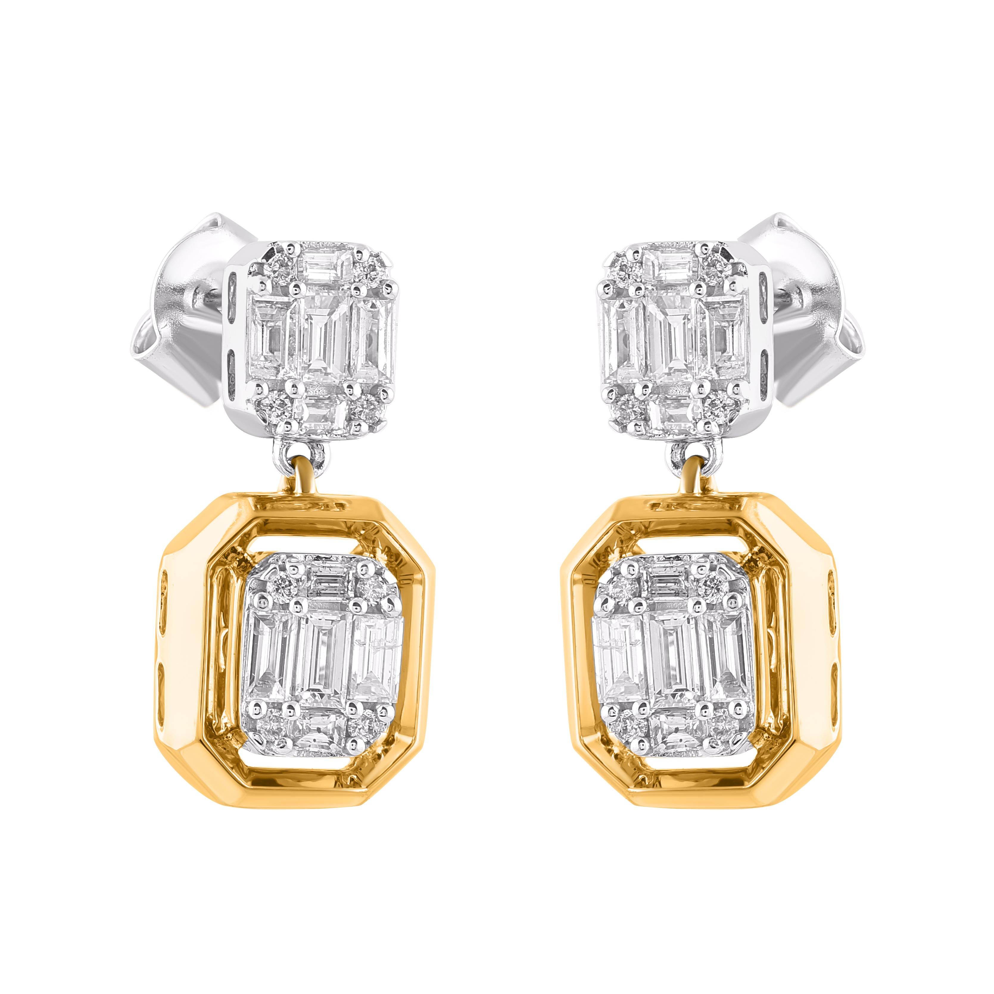 Sie wird von der Schlichtheit dieser Diamantohrringe begeistert sein. Der Ohrring ist aus 14-karätigem, zweifarbigem Gold in Weiß-, Rosé- oder Gelbgold gefertigt und mit 36 runden weißen Diamanten im Einzel- und Baguetteschliff in Zackenfassung