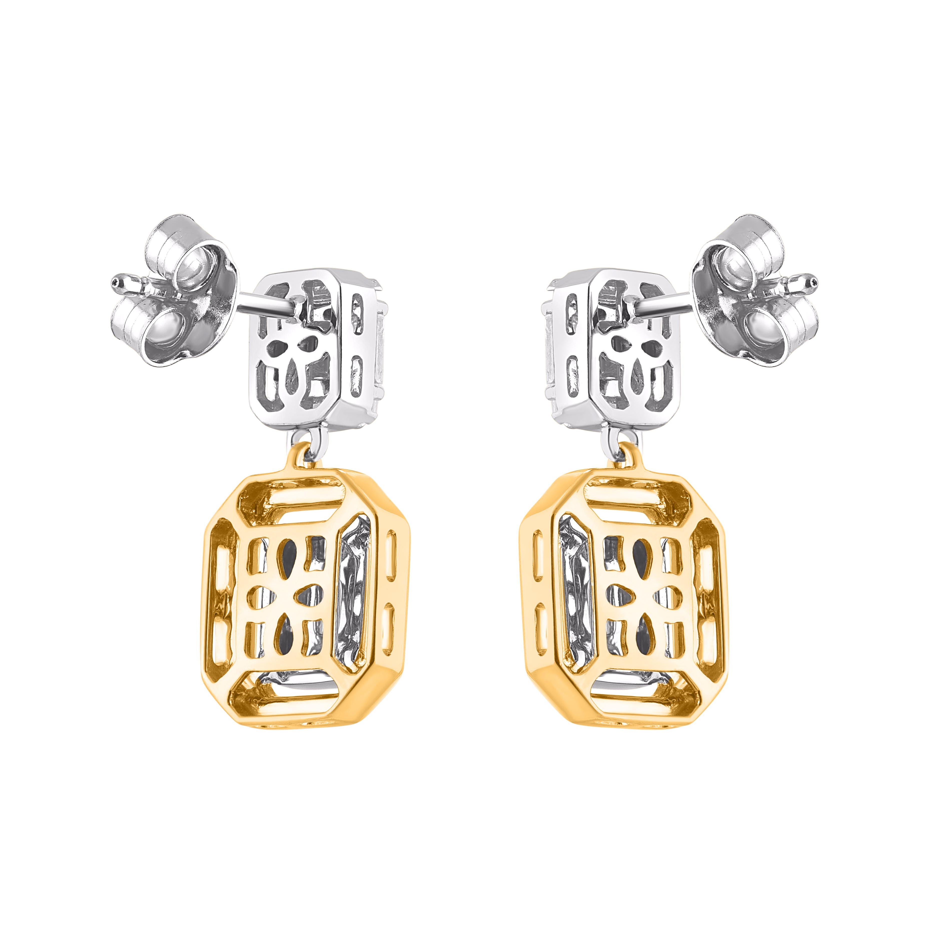 Contemporary TJD 1.0 Carat Round & Baguette Diamond 14KT Two Tone Gold Drop Dangle Earrings For Sale
