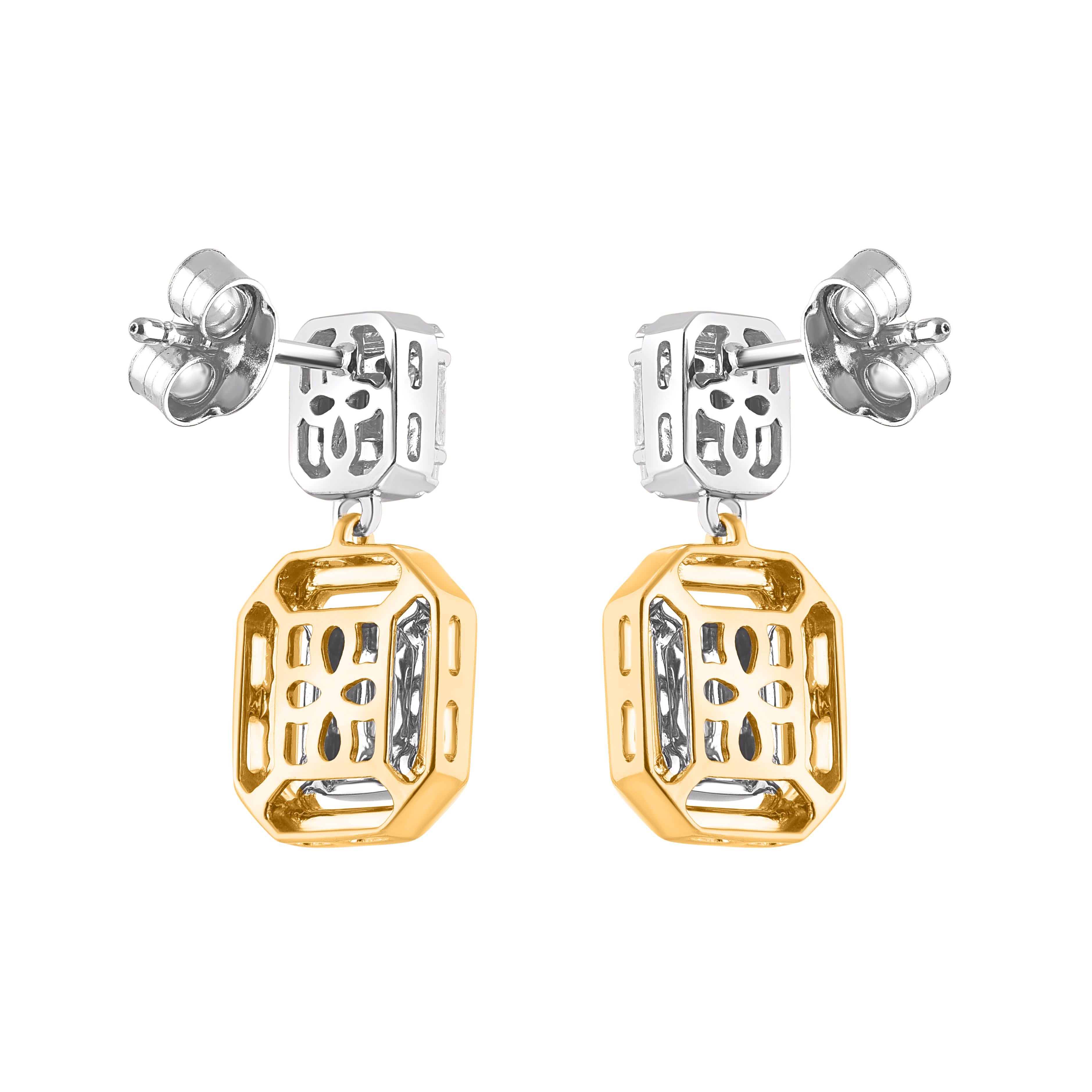 TJD 1,0 Karat runder & Baguette-Diamant 14KT zweifarbiger Goldtropfen-Ohrhänger (Zeitgenössisch) im Angebot