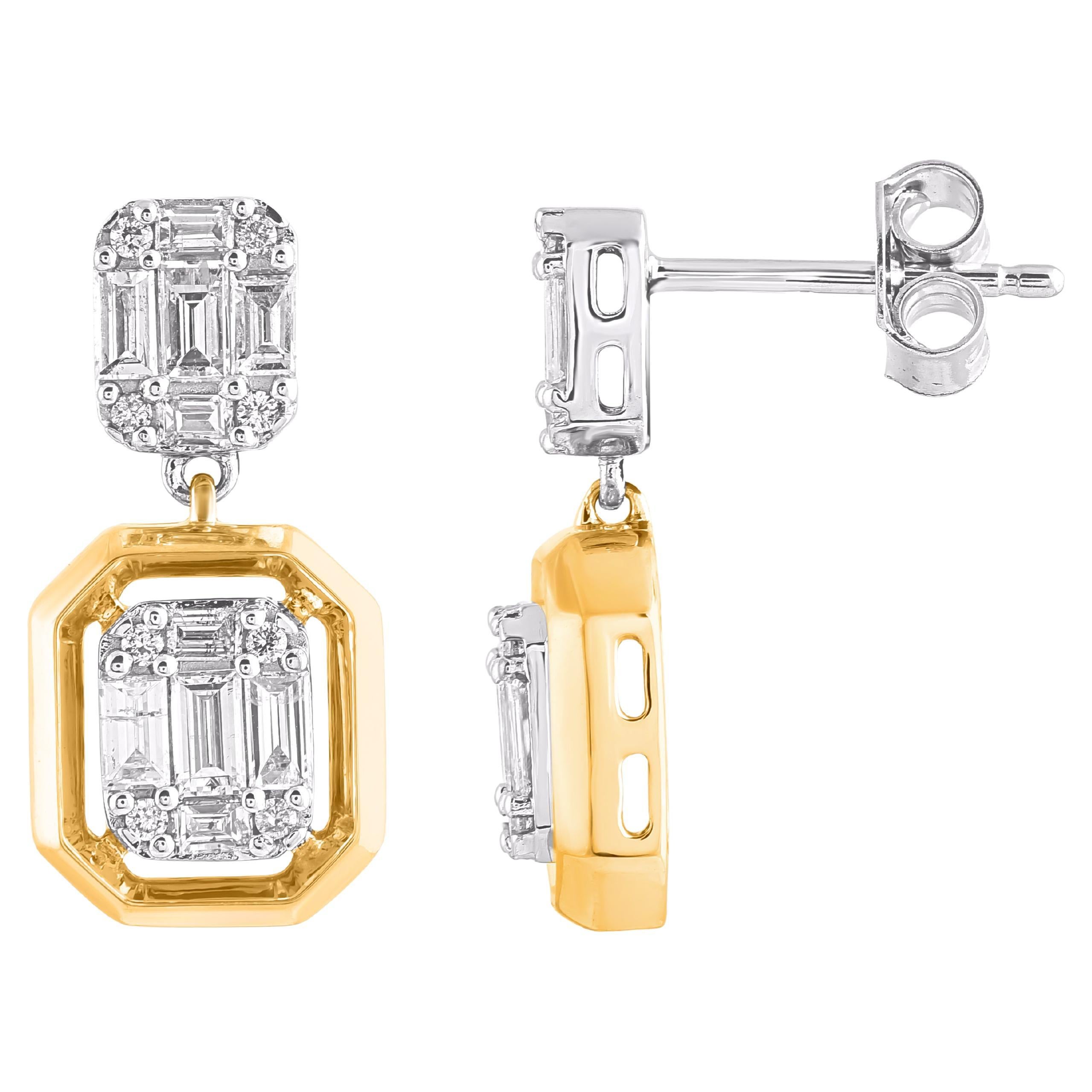 TJD 1.0 Carat Round & Baguette Diamond 14KT Two Tone Gold Drop Dangle Earrings For Sale