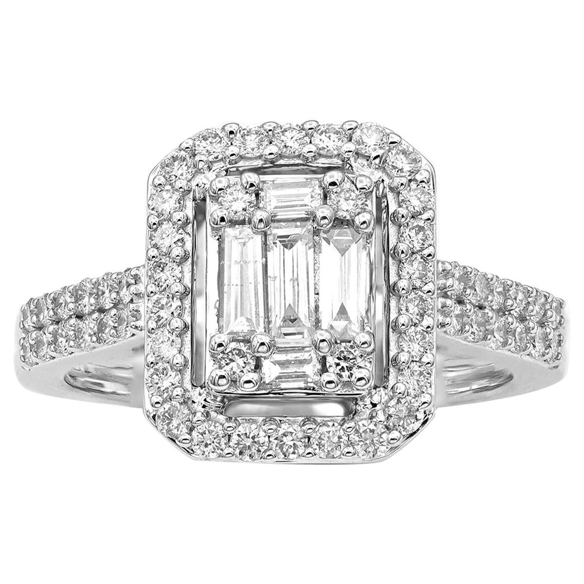 TJD 1.0 Carat Round & Baguette Diamond 14KT White Gold Designer Engagement Ring For Sale