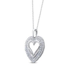 TJD 1.0 Carat Round & Baguette Diamond 14KT White Gold Heart Pendant Necklace