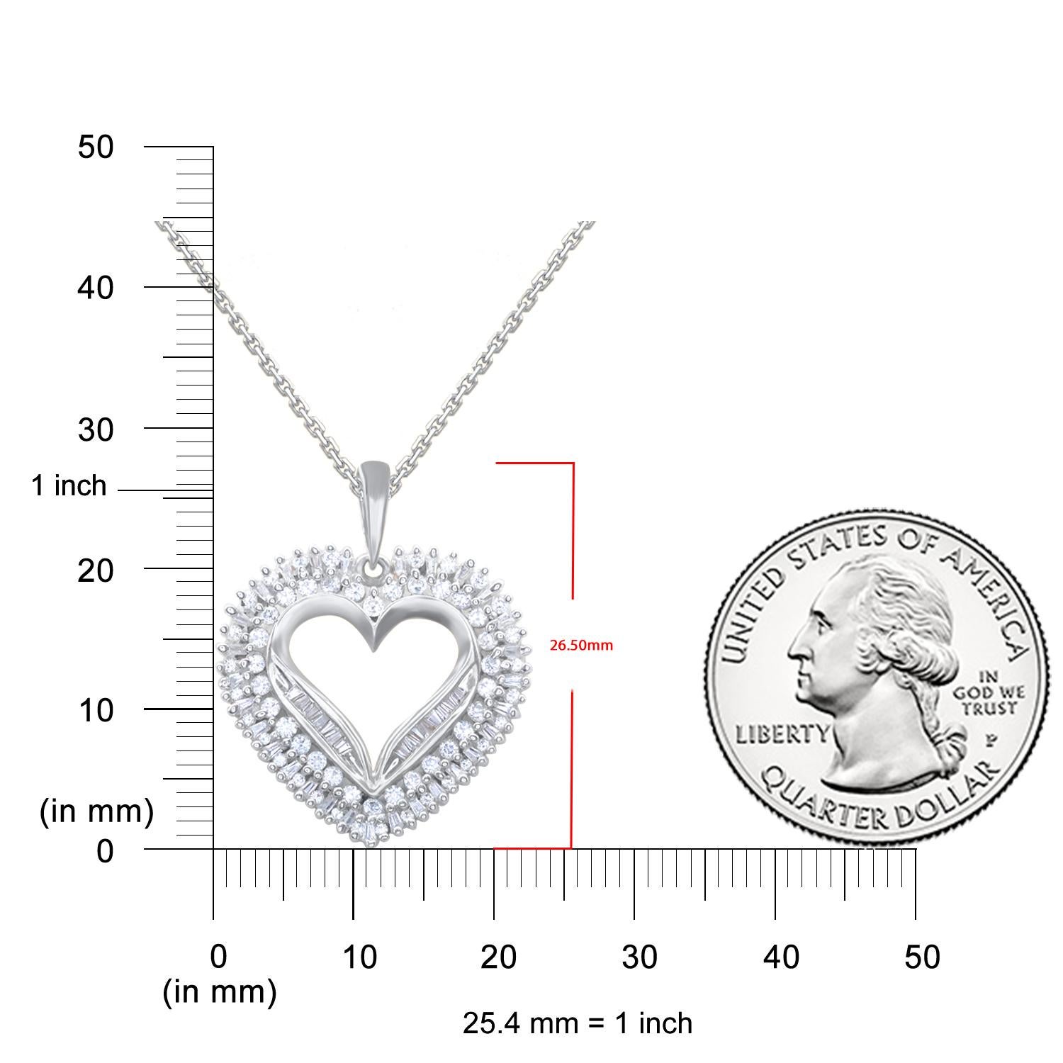 Mixed Cut TJD 1.0 Carat Round & Baguette Diamond 14KT White Gold Heart Pendant Necklace For Sale