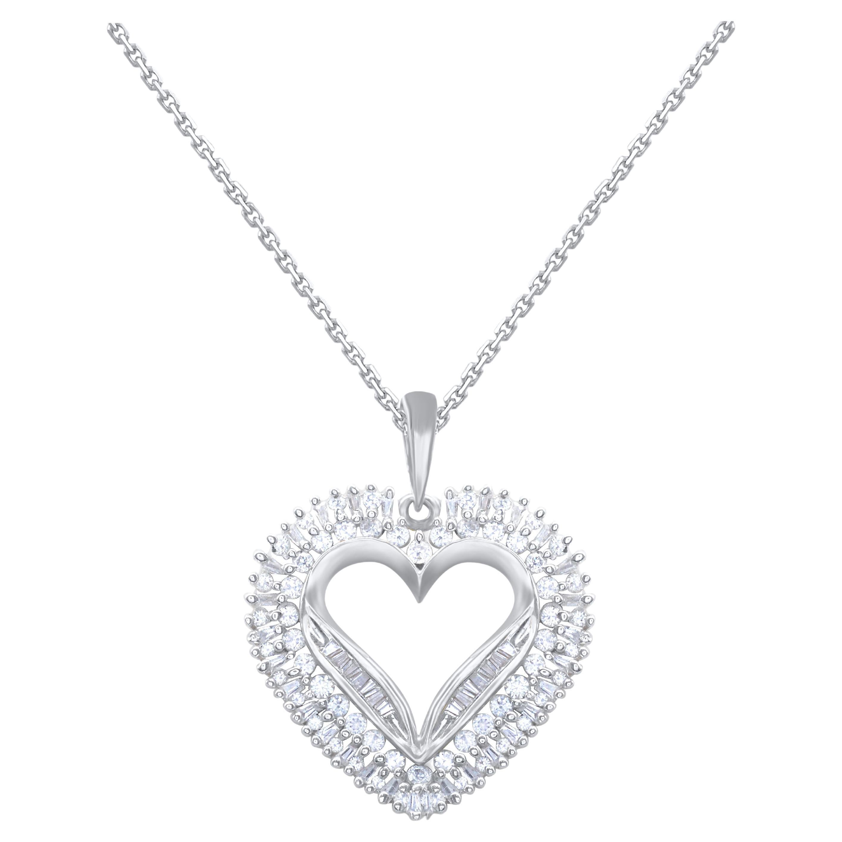 TJD 1.0 Carat Round & Baguette Diamond 14KT White Gold Heart Pendant Necklace For Sale