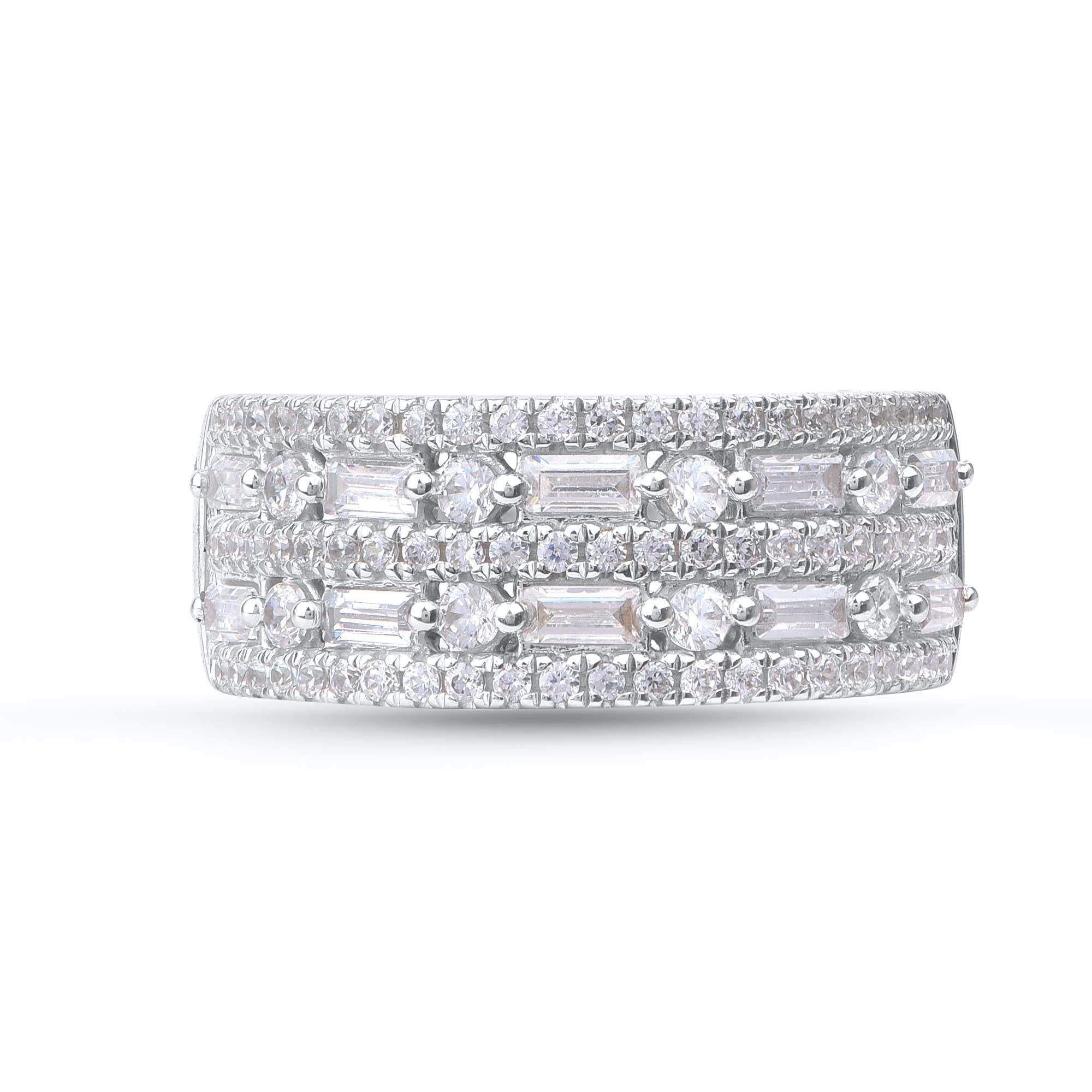 Honor your special day with this exceptional diamond band ring. This band ring features a sparkling 79 brilliant cut round diamonds and baguette cut diamonds beautifully set in prong & pave setting. The total diamond weight is 1.0 Carat. The
