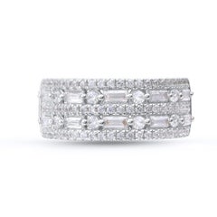 TJD 1.0 Carat Round & Baguette Diamond 14KT White Gold Two Row Wedding Band Ring