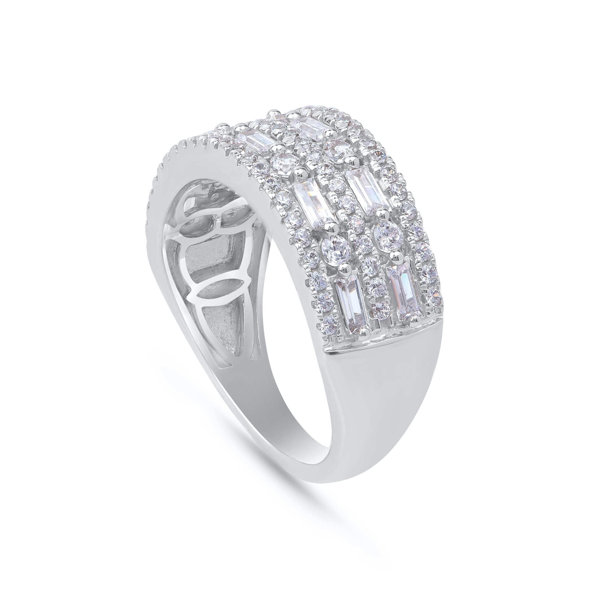 Contemporaneo TJD 1,0 carati di diamante rotondo e baguette in oro bianco 14KT Anello nuziale a due file in vendita