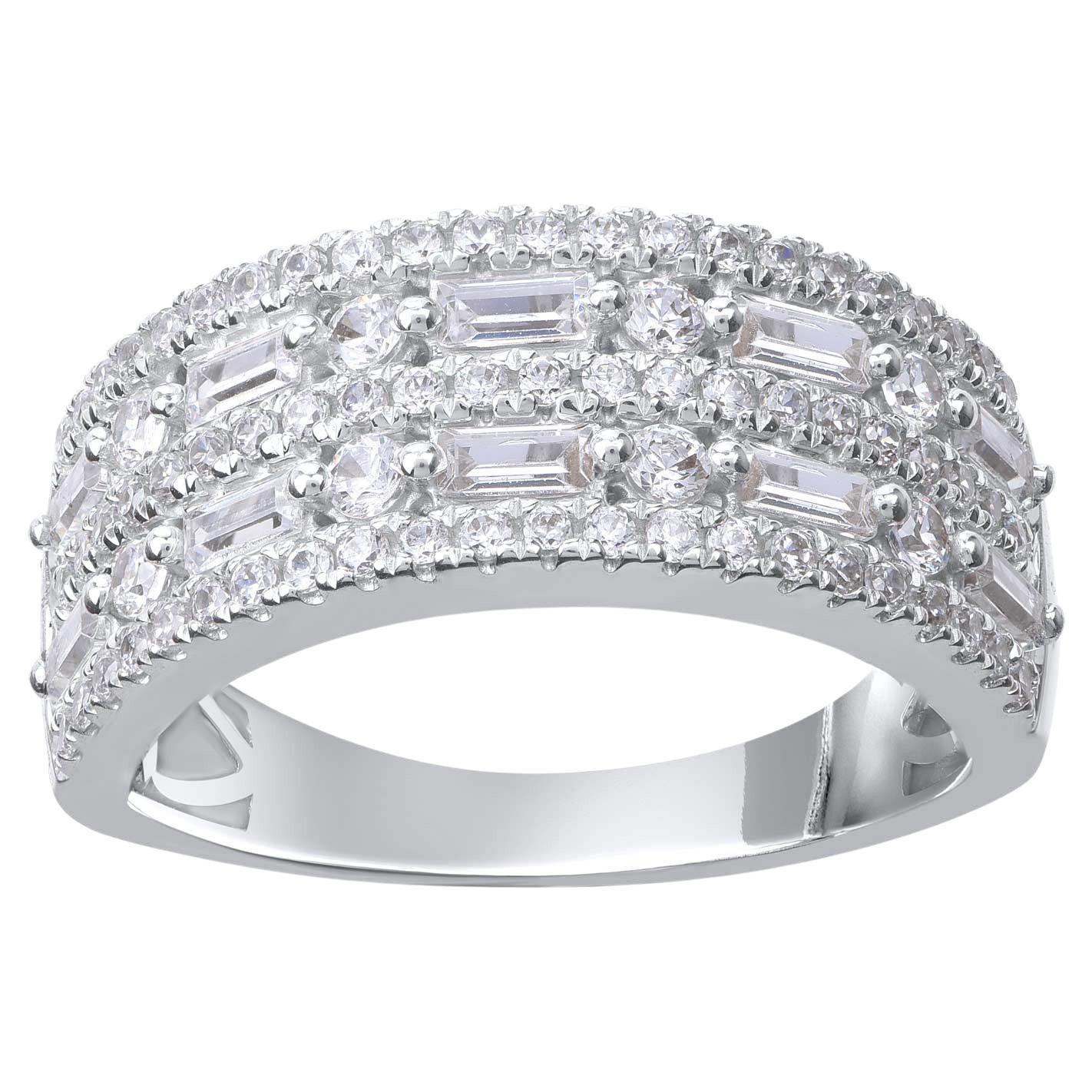 TJD 1.0 Carat Round & Baguette Diamond 14KT White Gold Two Row Wedding Band Ring