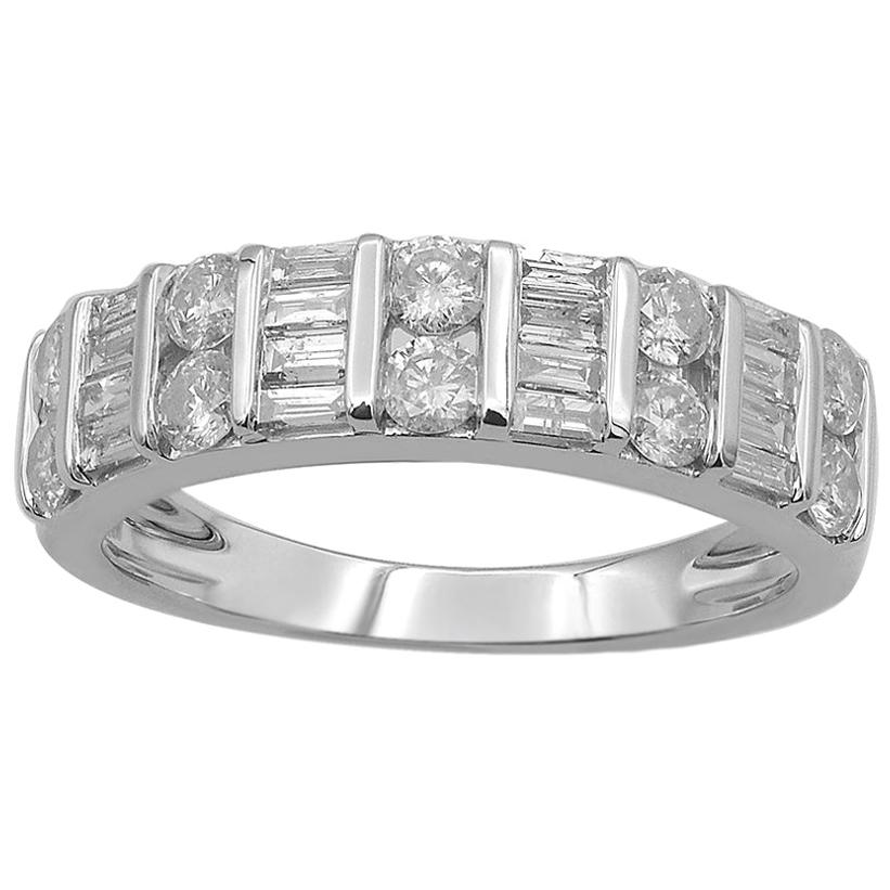 TJD 1.0 Carat Round & Baguette Diamond 14KT White Gold Wedding Anniversary Band For Sale
