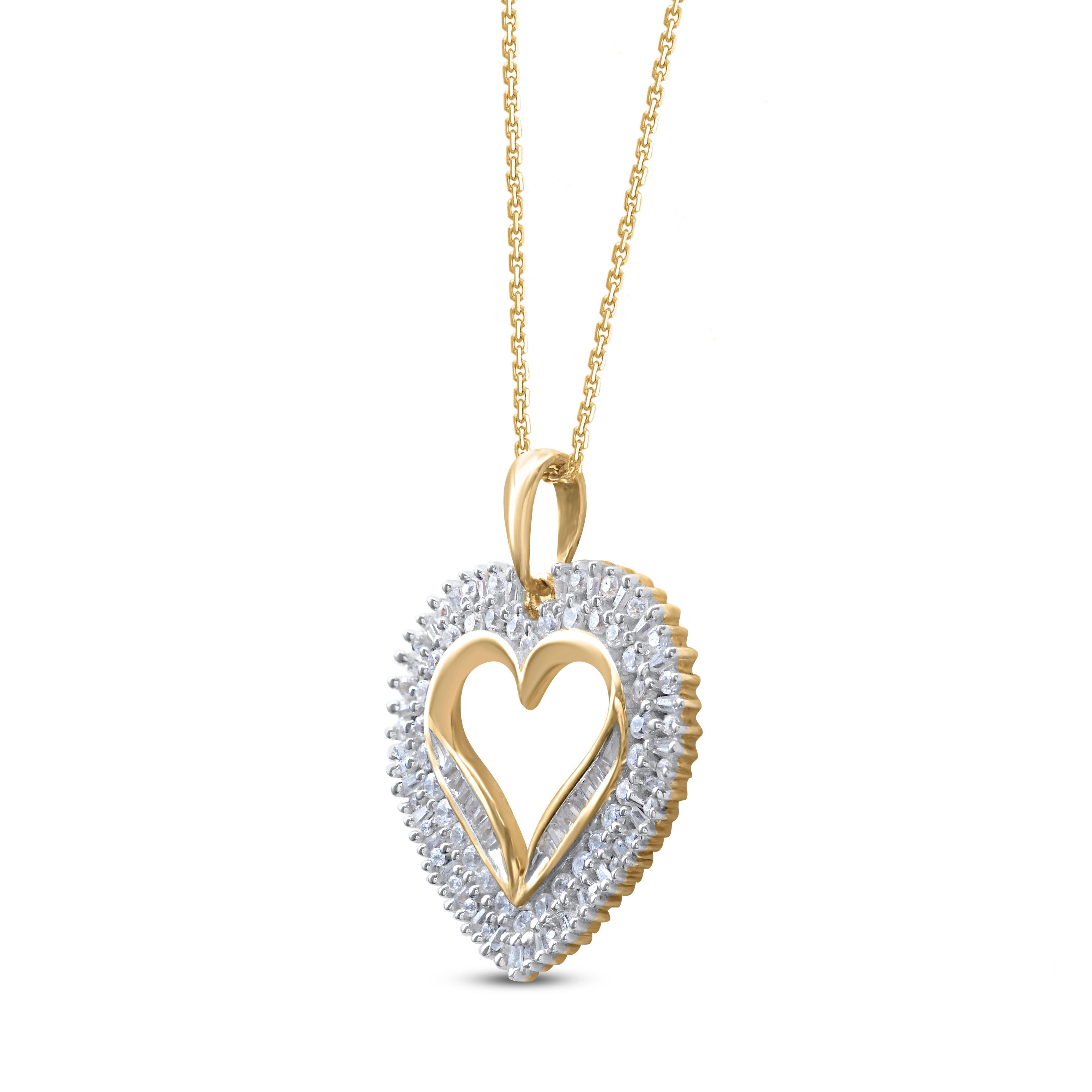 Bring charm to your look with this diamond heart pendant. The pendant is crafted from 14 karat yellow gold and features 103 round brilliant cut and baguette cut diamond set in half channel, prong & channel setting and a high polish finish complete