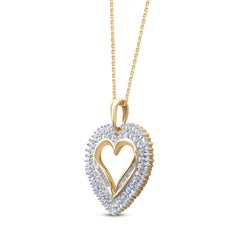TJD 1.0 Carat Round & Baguette Diamond 14KT Yellow Gold Heart Pendant Necklace