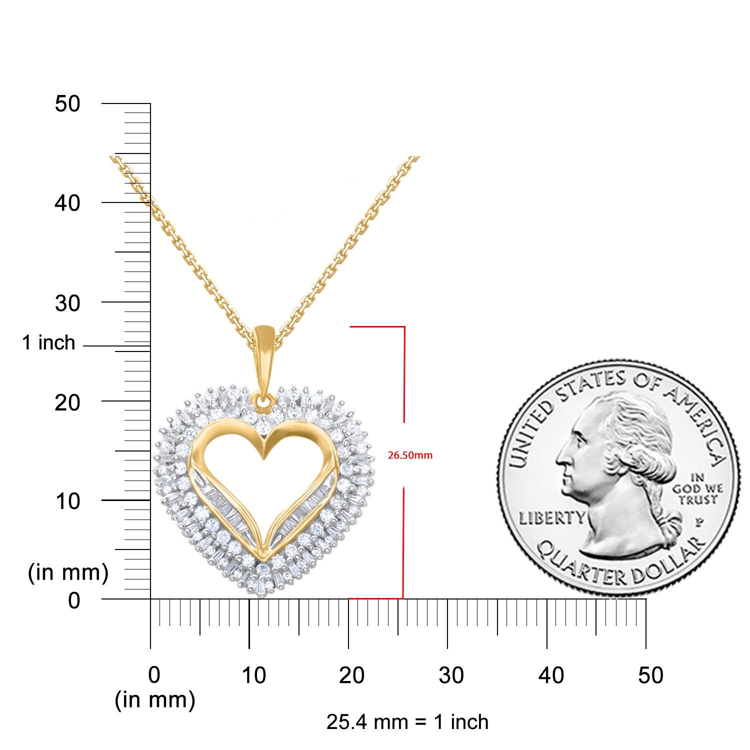 Mixed Cut TJD 1.0 Carat Round & Baguette Diamond 14KT Yellow Gold Heart Pendant Necklace For Sale