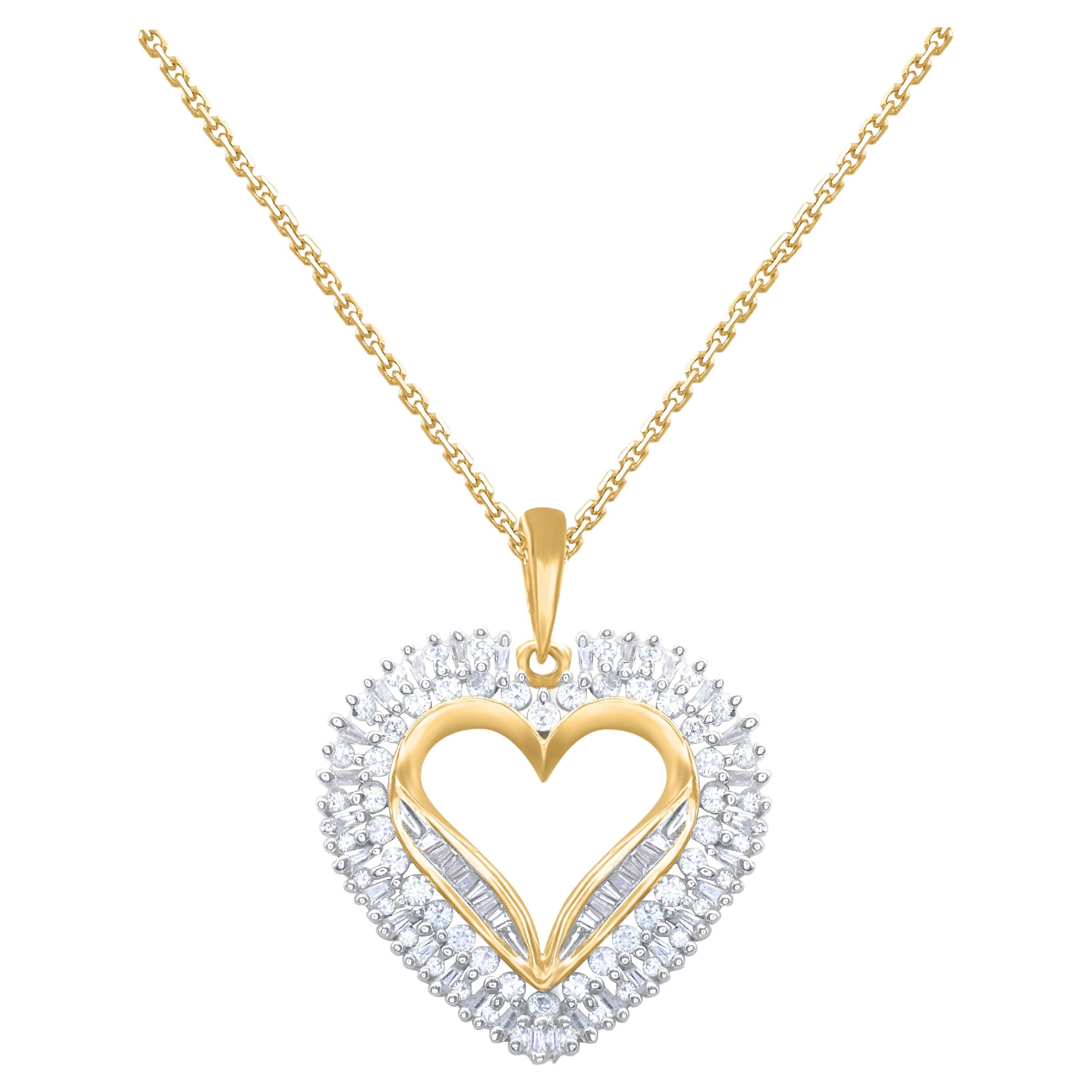 TJD 1.0 Carat Round & Baguette Diamond 14KT Yellow Gold Heart Pendant Necklace For Sale