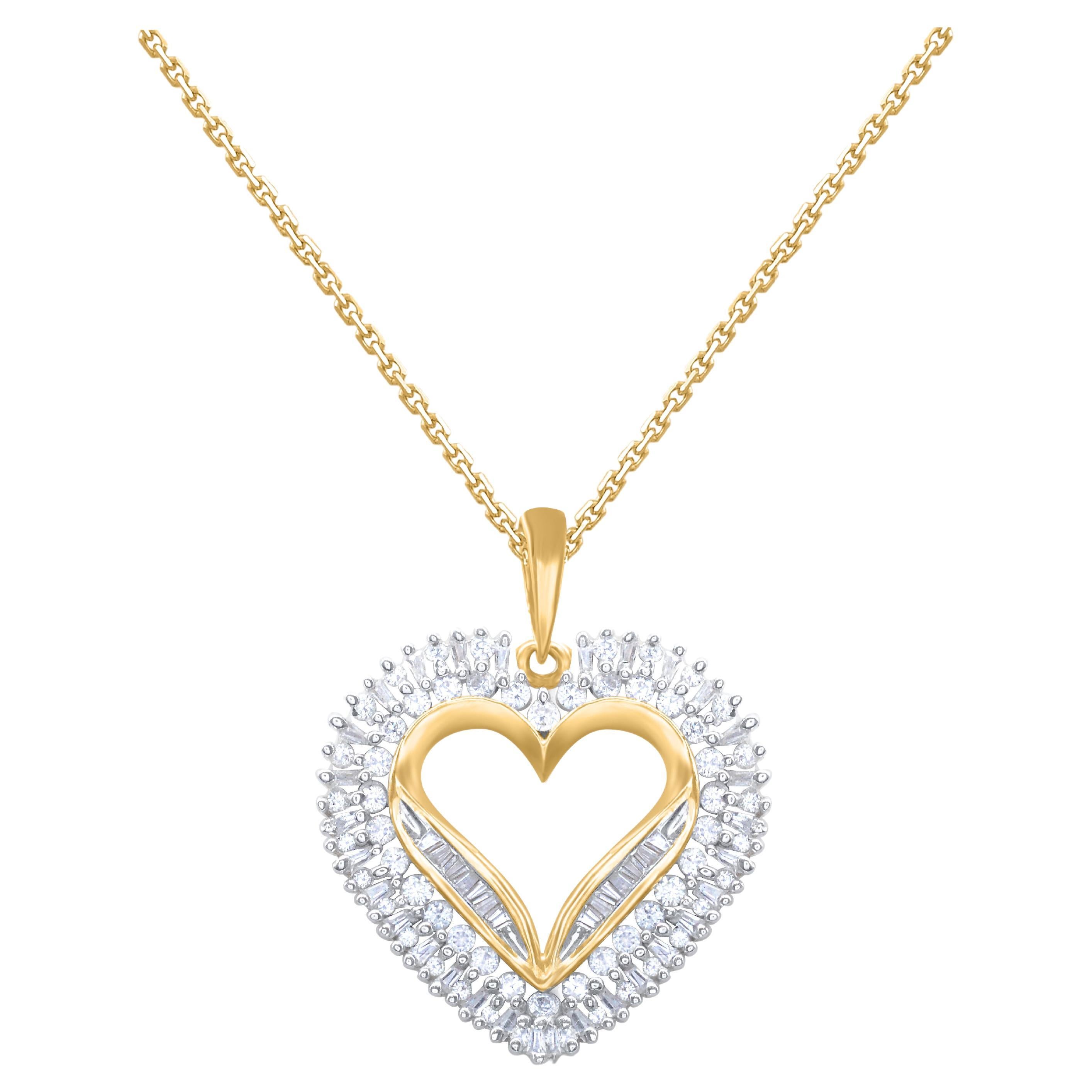 TJD Collier pendentif cœur en or jaune 14 carats avec diamants ronds et baguettes de 1,0 carat