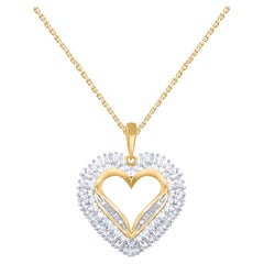 TJD 1.0 Carat Round & Baguette Diamond 14KT Yellow Gold Heart Pendant Necklace