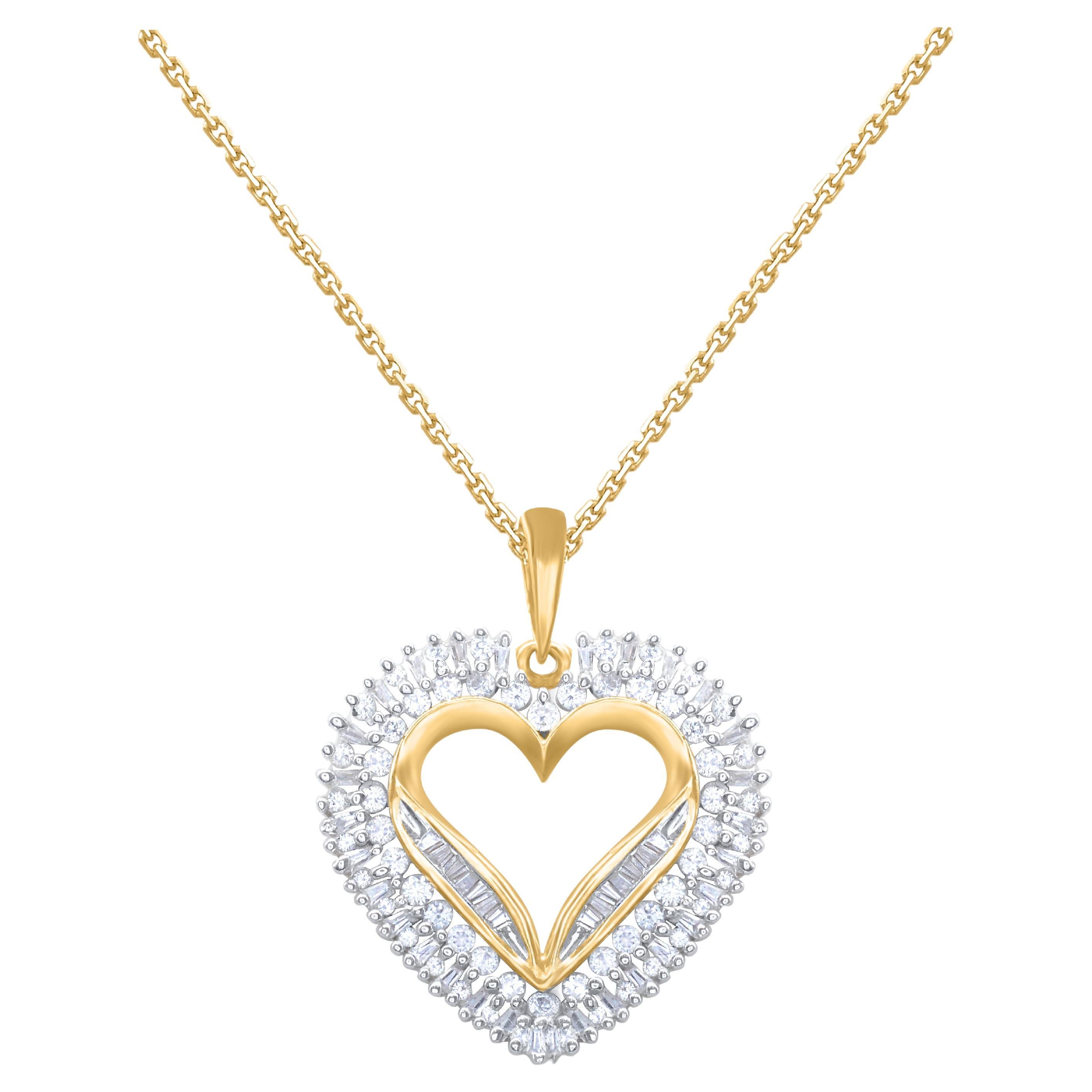 TJD 1.0 Carat Round 
Baguette Diamond 14KT Yellow Gold Heart Pendant Necklace