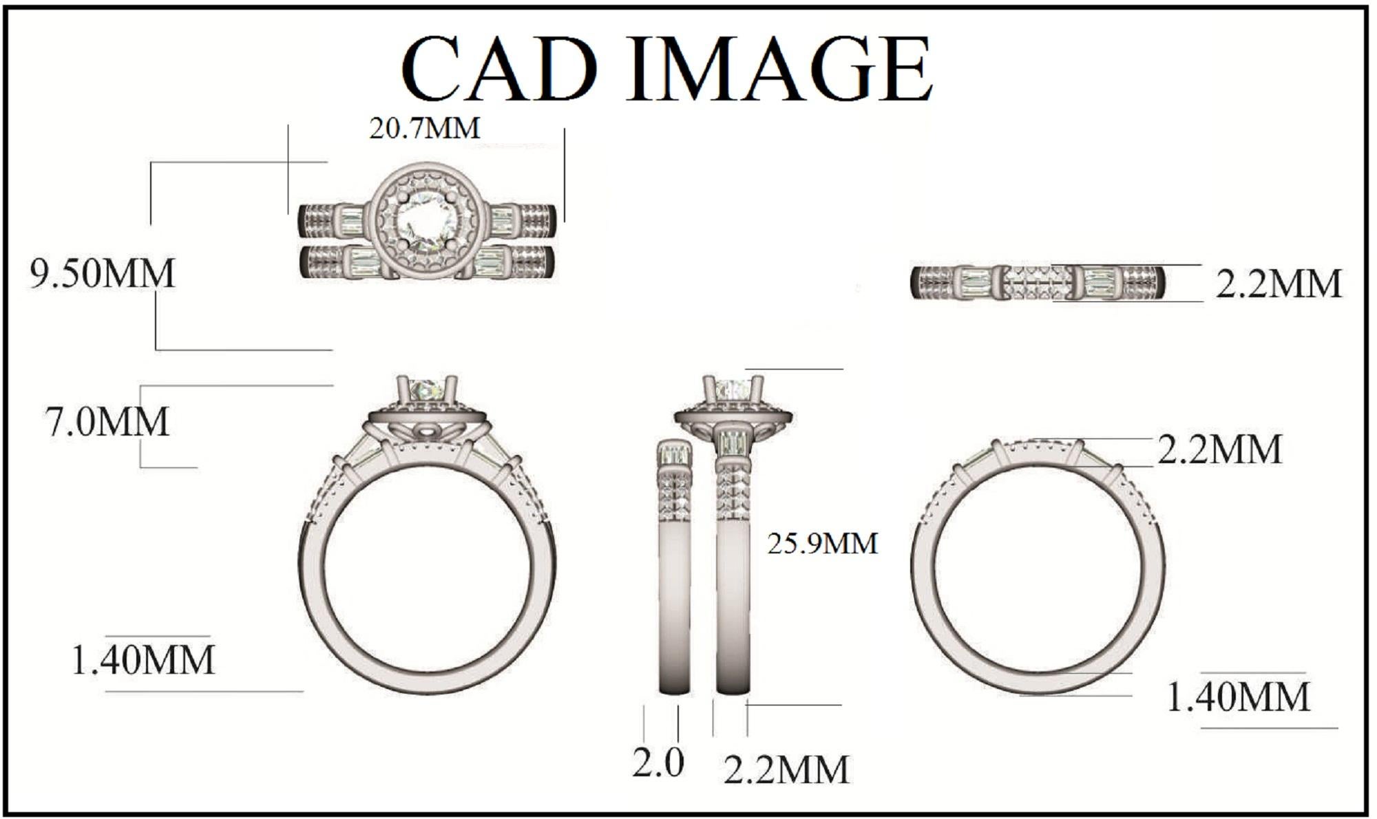 This bridal set Band Ring is expertly crafted in 18 Karat White Gold and features 0.50 ct center stone and 0.50 ct of diamond frame and round baguette on shank lined diamonds set in micro-pave and channel setting. The diamond are natural, not