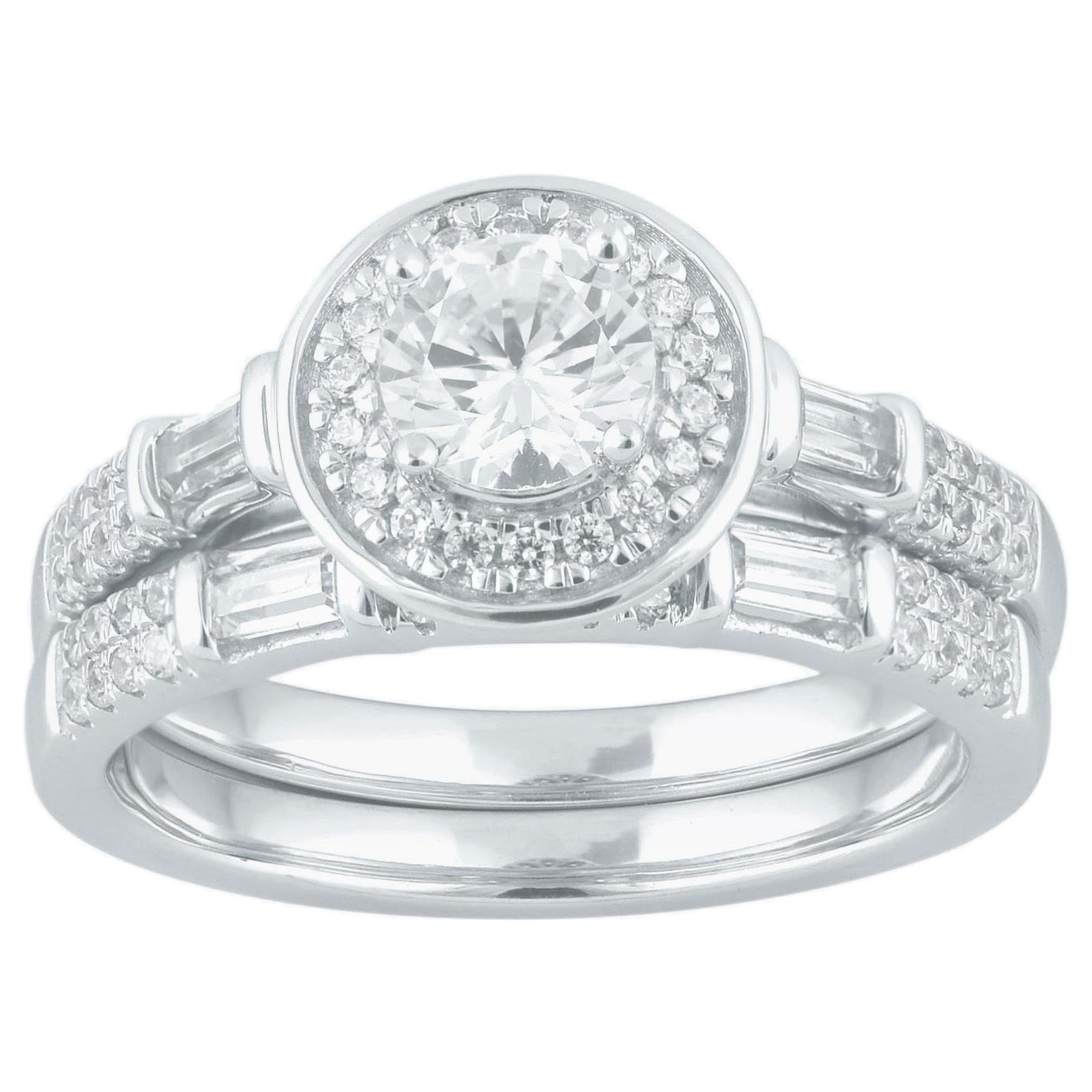TJD 1,0 Karat runder & Baguette-Diamant 18 Karat Weißgold Halo Brautring Set