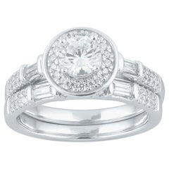 TJD 1.0 Carat Round 
Baguette Diamond 18 Karat White Gold Halo Bridal Ring Set