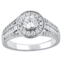 TJD 1.0 Carat Round & Baguette Diamond 18 Karat White Gold Halo Engagement Ring