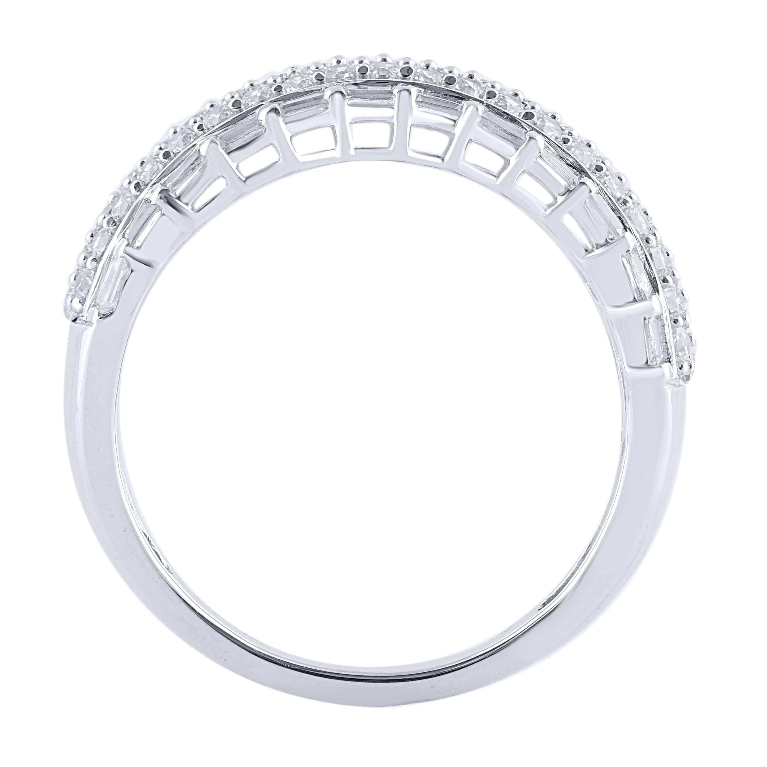 Contemporary TJD 1.0 Carat Round & Baguette Diamond Band Ring in 14 Karat White Gold For Sale