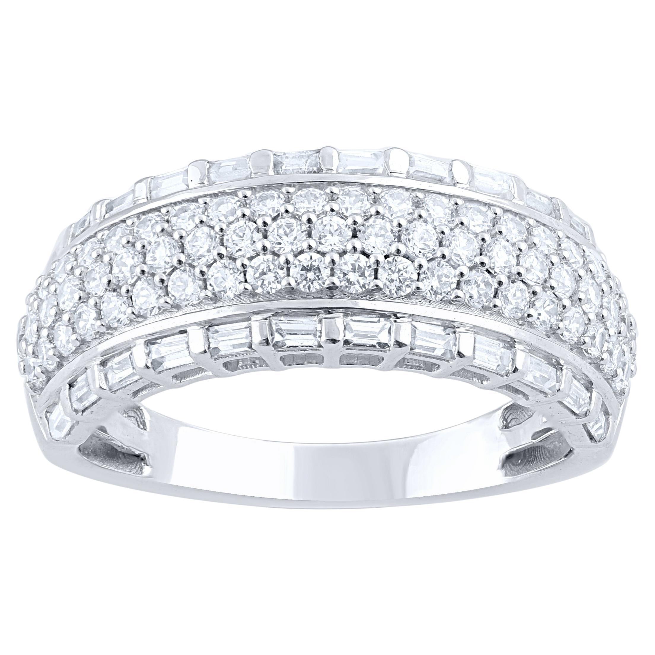 TJD Anillo de Diamante Redondo y Baguette de 1,0 Quilates en Oro Blanco de 14 Kilates en venta