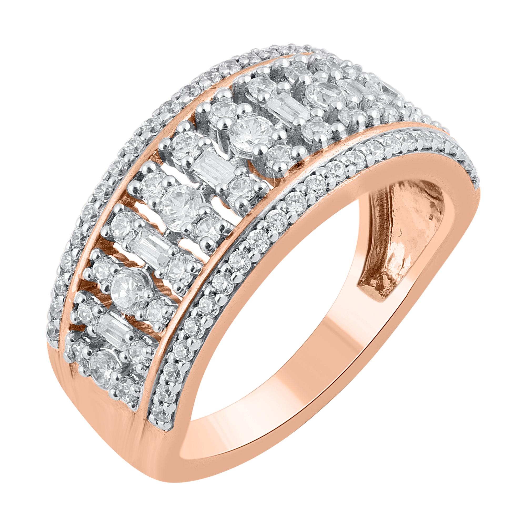 Make this year one to remember with the rows of sparkle in this round and baguette diamond wedding band. These band ring are studded with 85 natural diamonds in 14KT rose gold in prong setting. The white diamonds are graded as H-I color and I-2