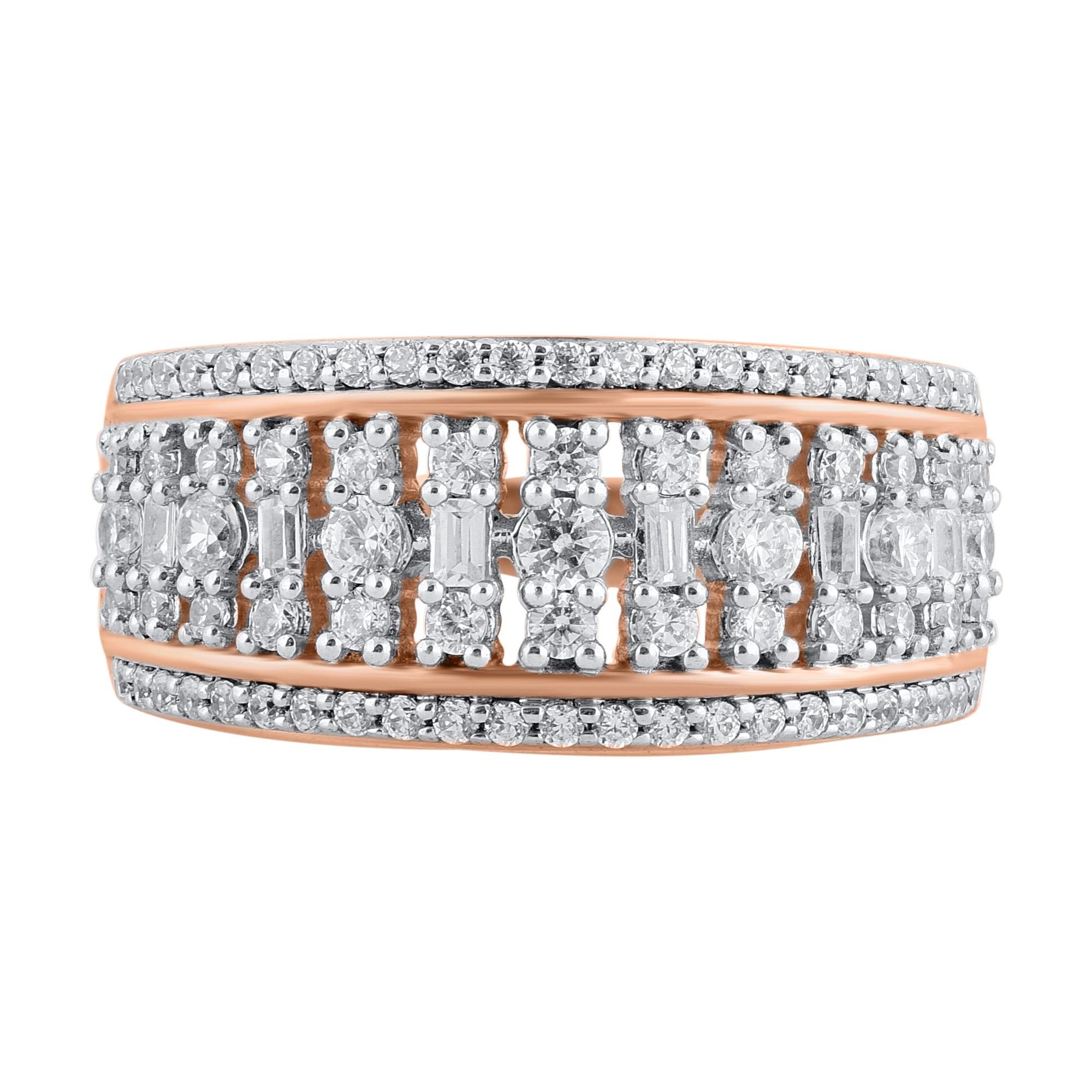 Contemporary TJD 1.0 Carat Round & Baguette Natural Diamond 14KT Rose Gold Wedding Band Ring For Sale