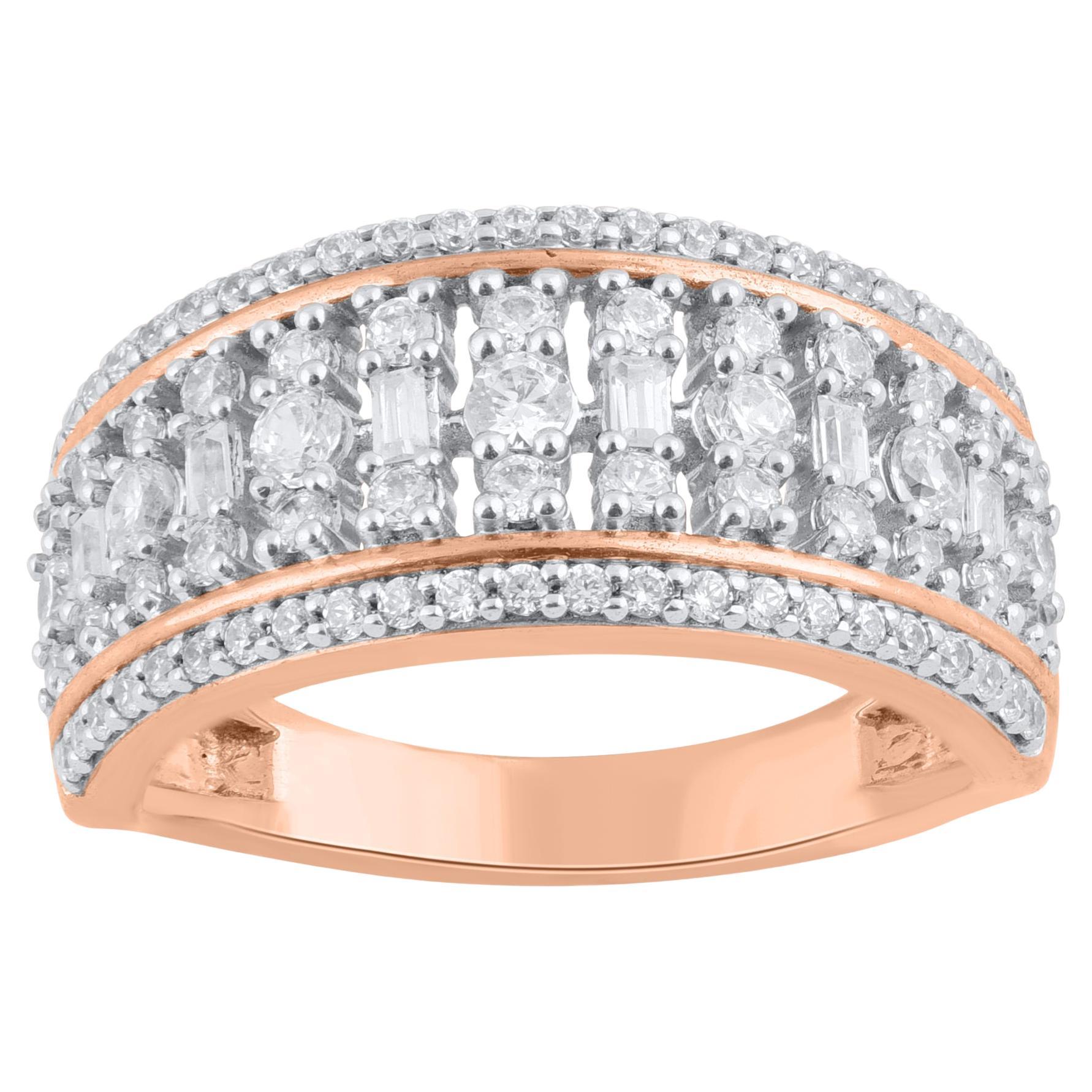 TJD 1.0 Carat Round & Baguette Natural Diamond 14KT Rose Gold Wedding Band Ring