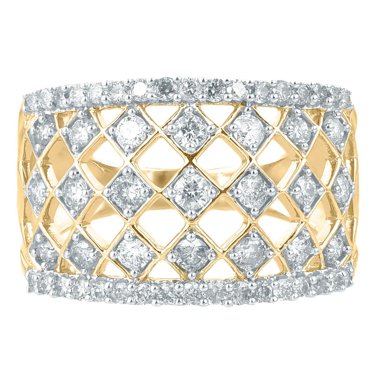 Wedding Band Ring ist fachmännisch in 14 Karat Gelbgold gefertigt und verfügt über 1,00 ct von 55 runden Brillanten in Druck-und Pave-Fassung, schimmernden mit H-I Farbe I2 Klarheit. Dieser Ring ist hochglanzpoliert und stellt eine wertvolle