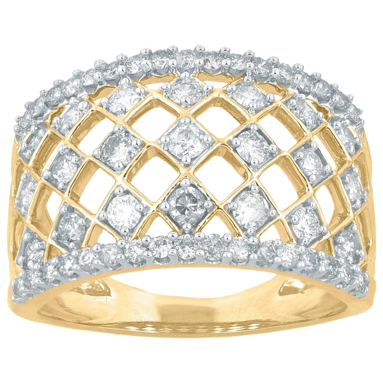 TJD 1.0 Carat Round Diamond 14 Karat Gold Art Deco Style Net Wedding Band Ring