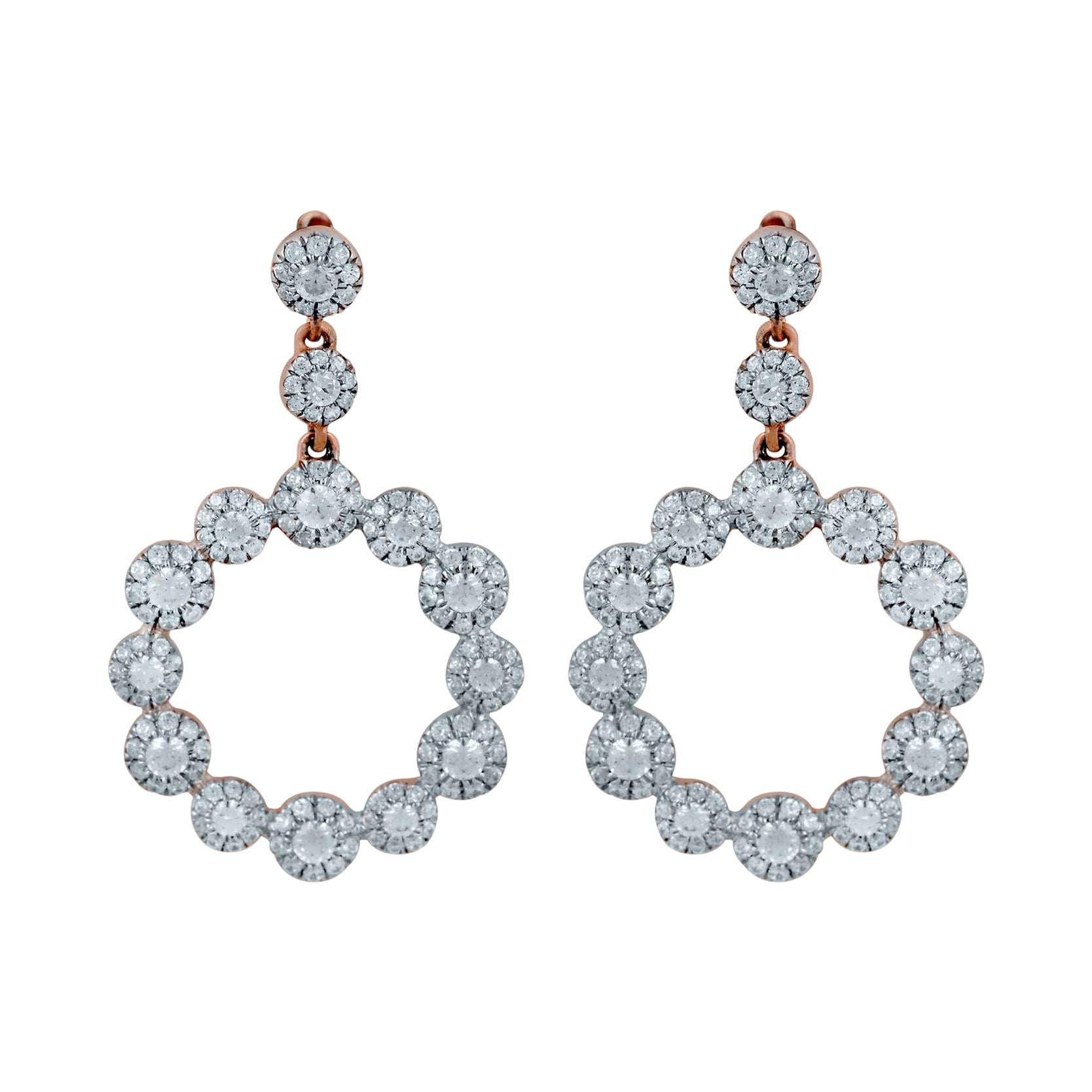 TJD 1.0 Carat Round Diamond 14 Karat Rose Gold Cluster Circle Drop Earrings