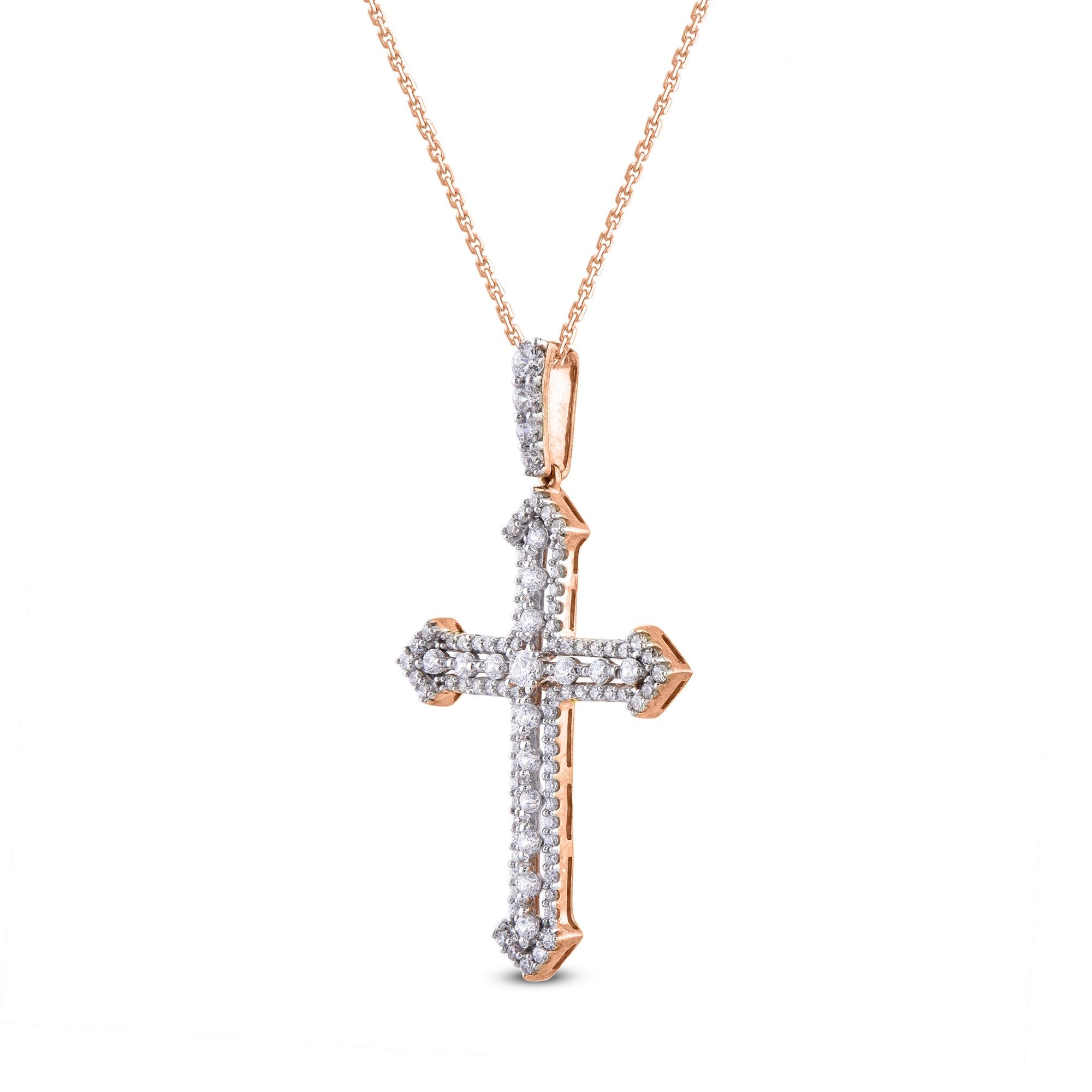 Lassen Sie Ihren Glauben mit diesem schlichten und eleganten Kreuzanhänger erstrahlen. Der Anhänger ist aus 14-karätigem Gold in Roségold gefertigt und mit 98 runden, natürlichen Diamanten in Prong-Fassung besetzt. Eine hochglanzpolierte Oberfläche