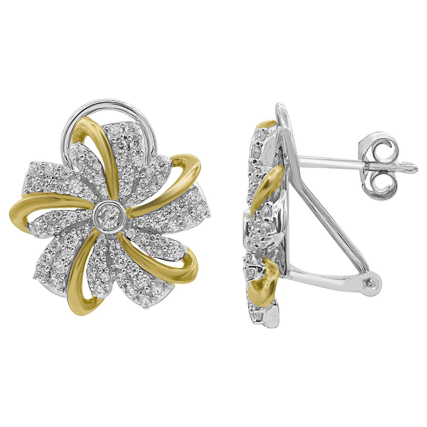 TJD 1.0 Carat Round Diamond 14 Karat Two Toned Gold Floral Design Stud Earrings For Sale