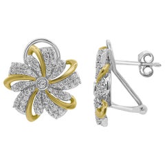 TJD 1.0 Carat Round Diamond 14 Karat Two Toned Gold Floral Design Stud Earrings