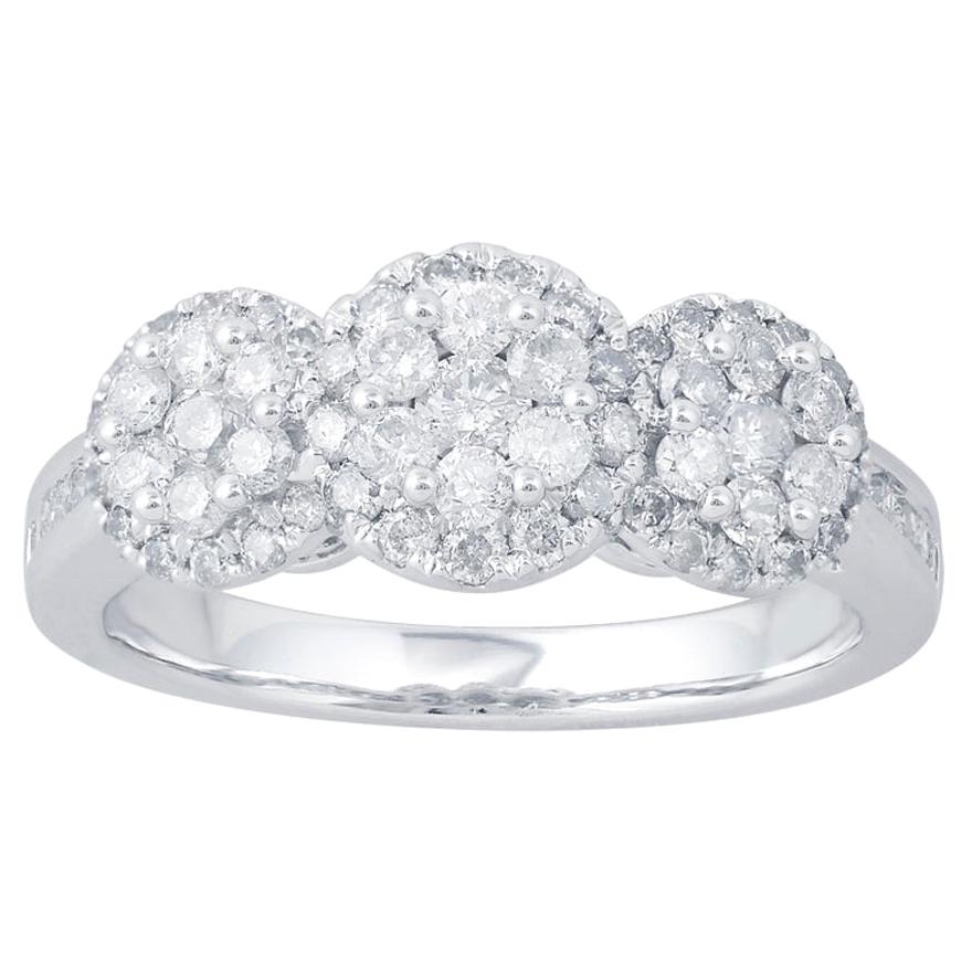 TJD 1.0 Carat Round Diamond 14 Karat White Gold 3 Cluster Halo Engagement Ring