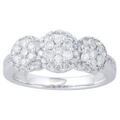 TJD 1.0 Carat Round Diamond 14 Karat White Gold 3 Cluster Halo Engagement Ring