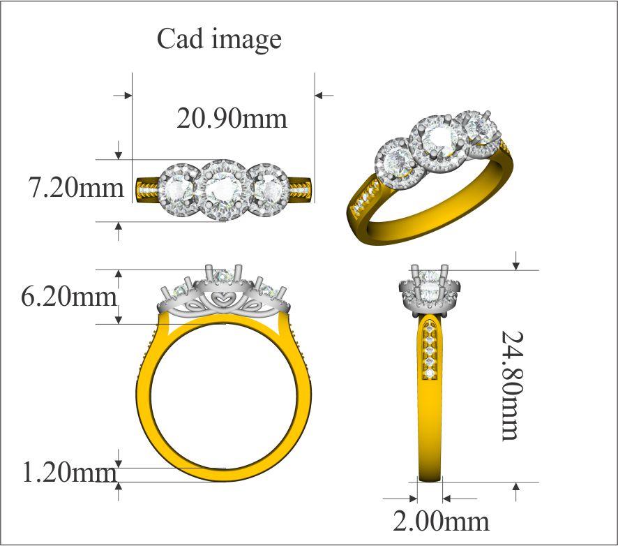 Wow her with the scintillating look of this three stone engagement ring. This ring is beautifully designed and studded with 50 round diamonds accentuated in micro-prong and prong setting. We only use natural, 100% conflict free diamonds which shines