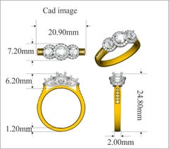 TJD 1.0 Carat Round Diamond 14 Karat White Gold 3-Stone Halo Engagement Ring