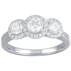 TJD 1.0 Carat Round Diamond 14 Karat White Gold 3-Stone Halo Engagement Ring
