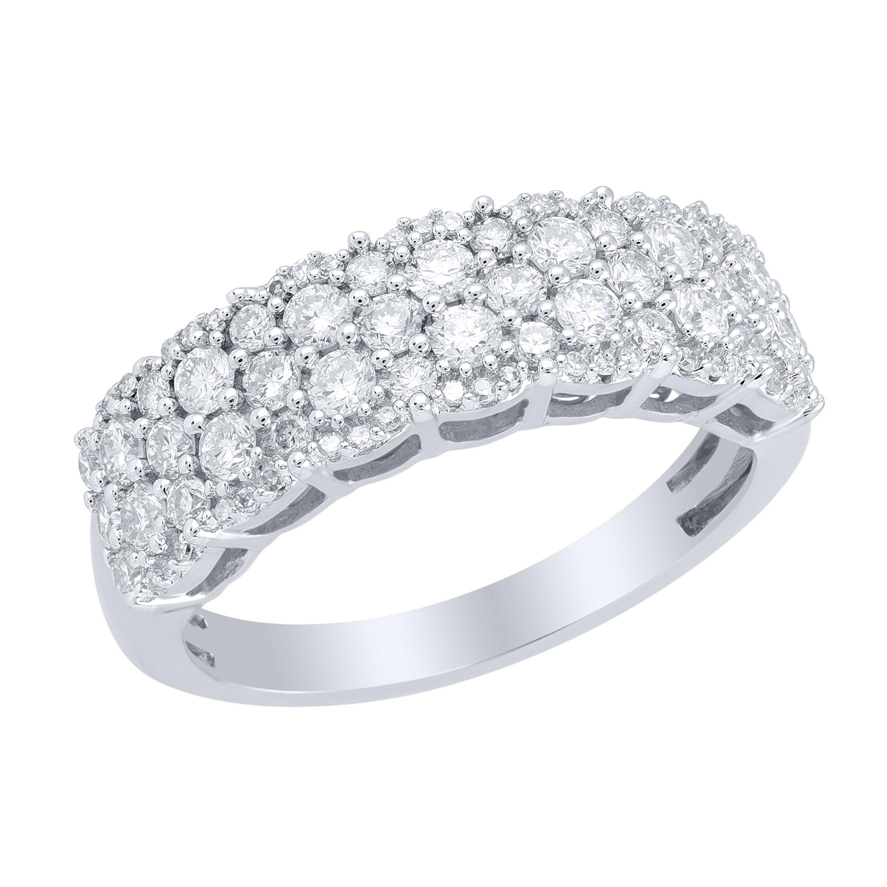 Honor your special day with this exceptional diamond band ring. This band ring features a sparkling 80 brilliant cut and single cut round diamonds beautifully set in prong setting. The total diamond weight is 1.0 Carat. The diamonds are graded as